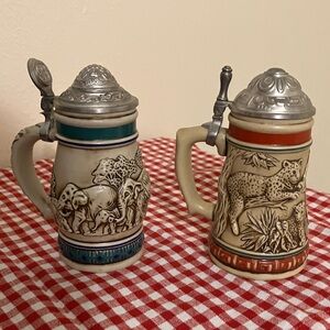 Ceramic Stein Beer Mug with Pewter Lid - Blue and Orange Accents